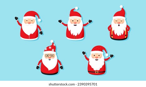 Santa Claus icon, Christmas cartoon characters on blue background, winter holiday set. Xmas cute bg. Cute vector illustration