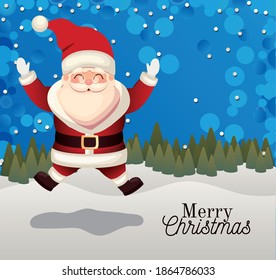 santa claus icon jumping with merry christmas lettering on a forest background vector illustration design