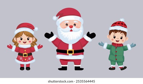 Santa Claus icon and kids in festive costume, Christmas characters on isolated background, festive icons, stickers Christmas cute figures. Vector illustration