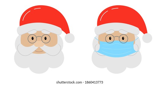 Santa Claus icon in medical mask. Santa's face with beard and hat in surgical mask for Christmas design. Vector illustration.