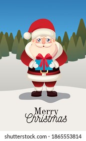 santa claus icon with merry christmas lettering and gift box on a forest background vector illustration design