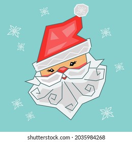 Santa Claus icon with red hat and beard. Santa Claus face in flat retro geometric style. Christmas card template. Colorful vector for cards, gift tags and labels, stickers, banners, posters, websites.