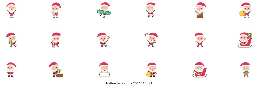 Conjunto de iconos de Santa Claus. Carácter de Navidades. Conjunto de iconos de Santa Claus divertidos lindos que celebran las Navidades del año Nuevo. Bolso y regalos felices de Santa, esquí que tiene iconos divertidos de personajes de dibujos animados. EPS 10