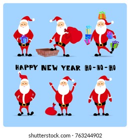 Santa Claus icon set in flat style, christmas collection, xmas and New year character in different poses. Funny Santa with different emotions.