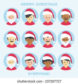 santa claus icon set. people of different nationalities 