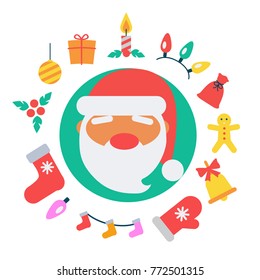 Santa Claus and icons of candle with present, mistletoe and ball, sock and garland, bell and mitten, bag around him isolated on vector illustration