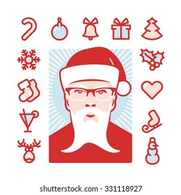 Santa Claus with icons. Modern minimalistic flat design elements of christmas decorations, party and invitation