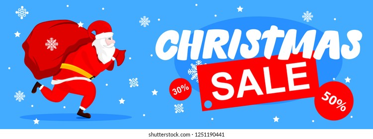 Santa Claus illustration with big present bag. Discount. Christmas postcard with Sale. Vector illustration design.