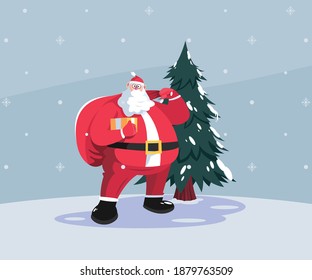 Santa Claus Illustration Character with gift, bag with presents.  For Christmas cards, banners, tags and labels