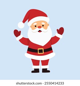 Сheerfull Santa Claus illustration on light blue background. Vector Santa in Christmas children's cartoon concept. For postcards, children's book characters, posters.