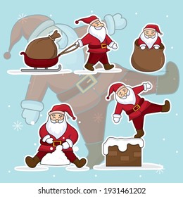 Dibujo de Santa claus vectorial decorado con fondo de nevada. Gracioso y feliz personaje de Santa Claus con regalo, bolso con regalos, saludando y saludando. Para tarjetas de Navidad, carteles, etiquetas y etiquetas.