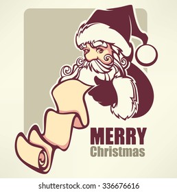 Santa Claus image in cartoon style. Vector illustration for greeting Christmas card.