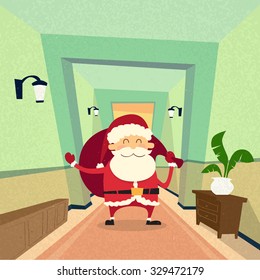 Santa Claus Indoor Home Happy New Year Merry Christmas Retro Flat Vector Illustration