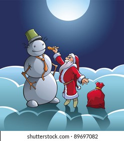 Santa Claus inserting a carrot to snowman’s nose, vector illustration