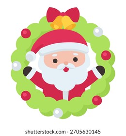 Weihnachtsmann in einem hellen grünen Weihnachtskranz mit Schleife in niedlichen Urlaub Vektorgrafik