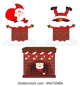 Santa Claus inside chimney and fireplace - vector illustration, eps
