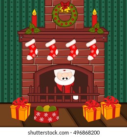 Santa Claus inside fireplace - vector illustration, eps