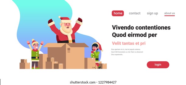 santa claus inside paper box merry christmas holiday happy new year concept elves helper boy girl character flat horizontal copy space vector illustration