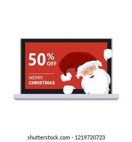 
santa claus inside a promotional laptop and discount for christmas