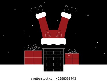 Santa Claus into the chimney. Father Christmas Feet Poking Out of Chimney. Santa Claus stuck in the chimney on the roof