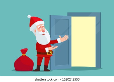 Santa Claus invites to enter the open door. Invitation, complimentary ticket. Christmas postcard concept, blank banner, poster. Vector illustration, flat design, cartoon style. Isolated background.