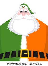 Santa Claus Ireland "Daidi na Nollag" Irish language. Christmas old man in clothes colors Eire flag. Sprig of mistletoe. Great Milesian Daddy. Traditional New Year grandfather