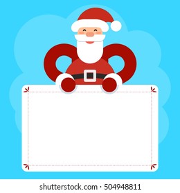 Santa Claus isolated on background holding a blank greeting card. Christmas card with Santa Claus. Template for congratulations, advertising sales. Flat vector cartoon Santa illustration.