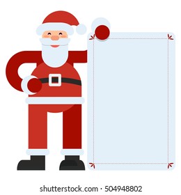 Santa Claus isolated on white background holding a blank greeting card. Christmas card with Santa Claus. Template for congratulations, advertising sales. Flat vector cartoon Santa illustration.