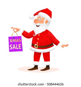 Santa Claus isolated on white background. Flat funny old man character holding Xmas gift. Christmas decoration for sale or discount banner or poster design. Cartoon vector illustration.