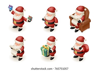 Santa Claus Isometric 3d Read Gift List Sit Armchair Character Sit Armchair Giftbag Icon Fireplace Holiday Background Cartoon Greeting Card Template Poster Vector illustration