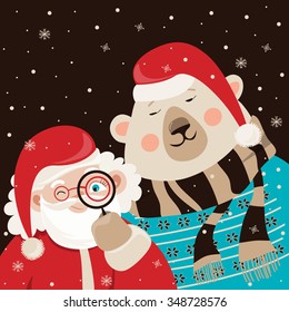 Santa Claus iwith polar bear. Vector illustration
