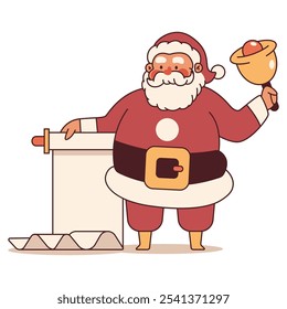 Santa Claus with jingle bell and wish list vector Christmas cartoon character isolated on a white background.