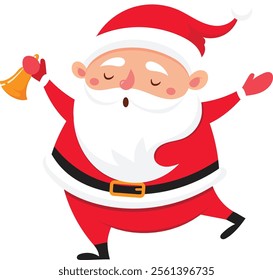 Santa Claus joyfully dancing while ringing a golden bell, celebrating the Christmas season with festive cheer and spreading holiday spirit to everyone around