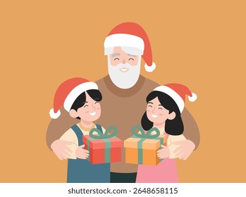 Santa Claus joyfully hugging a smiling boy and girl wearing Santa hats and holding Christmas presents. Perfect for holiday cards, festive designs, and seasonal celebrations..