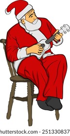 Santa Claus joyfully playing a guitar, dressed in his traditional red suit, spreading holiday cheer through music.