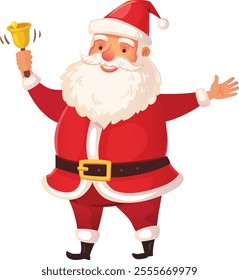 Santa claus joyfully ringing a golden bell while extending warm greetings with open arms, capturing the essence of the festive christmas spirit and holiday cheer