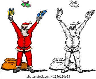 Santa Claus juggle Christmas presents above his head. Hand drawn vector illustration. 
