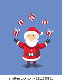 
Santa Claus Juggling Christmas Gifts Vector Cartoon Illustration. Cheerful holiday entertainer performing a show on a party invitation
