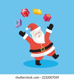 Santa Claus juggling gift boxes. Merry christmas and Happy new year. Vector illustration