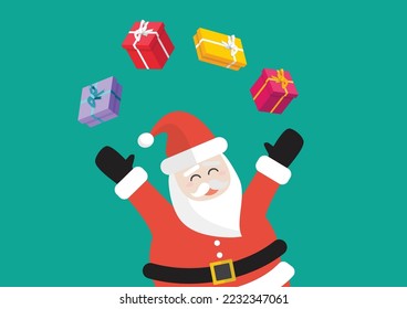 Santa Claus juggling present boxes. Merry christmas and Happy new year. Vector illustration