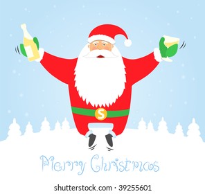 Santa Claus jumping with glass and champagne. Merry Christmas card template. Blue snow background