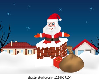 Santa Claus jumping into the chimney and sack full of gifts. Winter night city. Christmas card. Vector illustration.