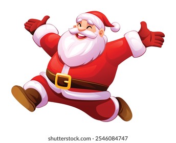 Santa Claus saltando alegremente con los brazos extendidos, llenos de espíritu de Navidades. Vector ilustración de dibujos animados