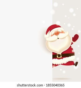 Santa Claus jumping next to white blank signboard isolated on a grey background,Christmas greeting card