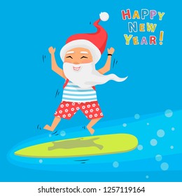 Santa Claus jumping on surfboard with gifts in backpack cartoon character Santa Claus emotion.Merry Christmas and Happy New Year background