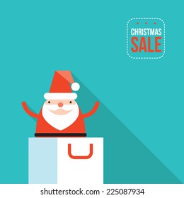 Santa Claus jumping out of shopping bag. Modern flat design style. Christmas postcard, New Year banner template for your business. Holiday sale, special deal, offer. Vector illustration.