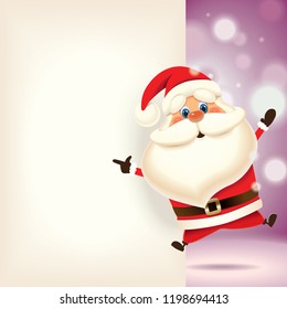Santa Claus jumping and showing retro blank signboard isolated on a purple background,Christmas greeting card
