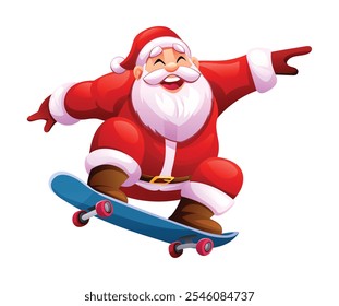 Santa Claus jumping with skateboard, full of holiday cheer. Vector cartoon illustration