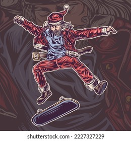 Santa Claus jumps freestyle riding a skateboard. vector illustration.