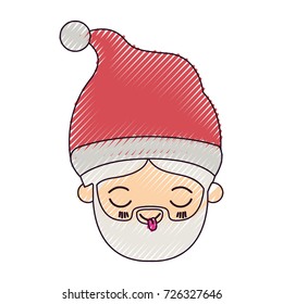 santa claus kawaii face eyes closed and tongue out expression with christmas hat on color crayon silhouette on white background vector illustration